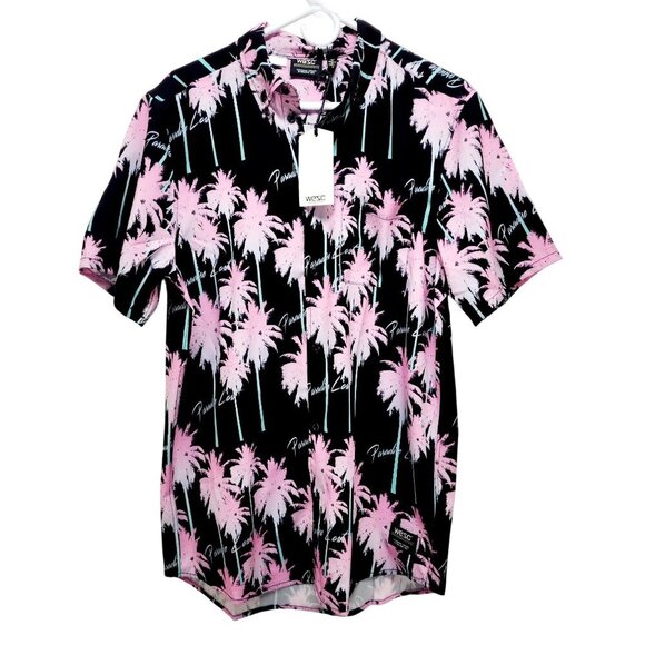 Wesc Mens Black Pink Palm Tree Print ButtonUp Shirt Short Sleeve Lightweight S - Picture 1 of 10